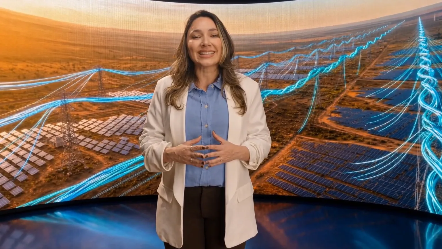 Cenário virtual montado na pós: a apresentadora em pé diante de uma usina solar ao entardecer, gravada em chroma key.