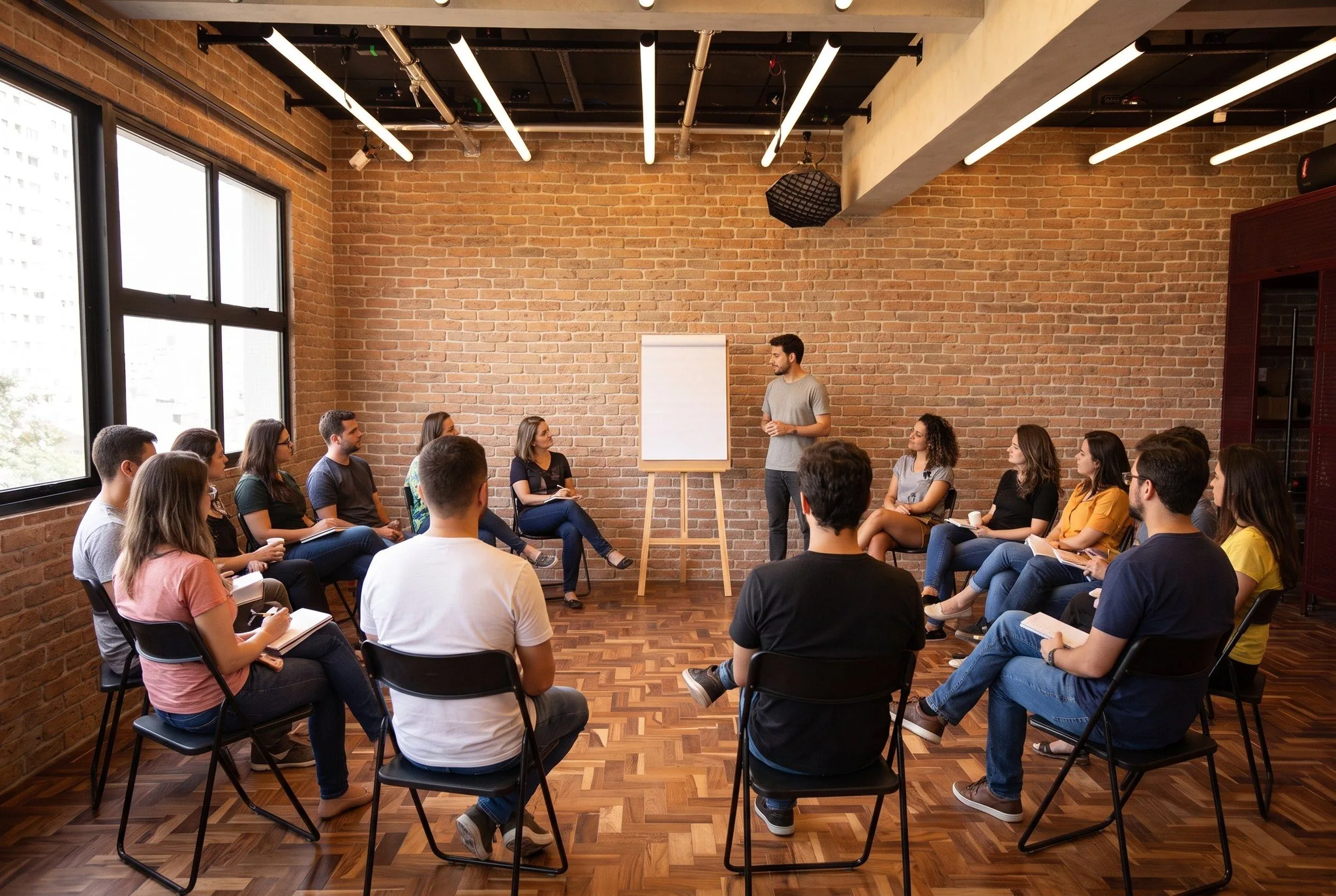 Roda de quinze cadeiras dobráveis pretas montada no Loft, com um flip chart em branco diante da parede de tijolo e a janela à esquerda.