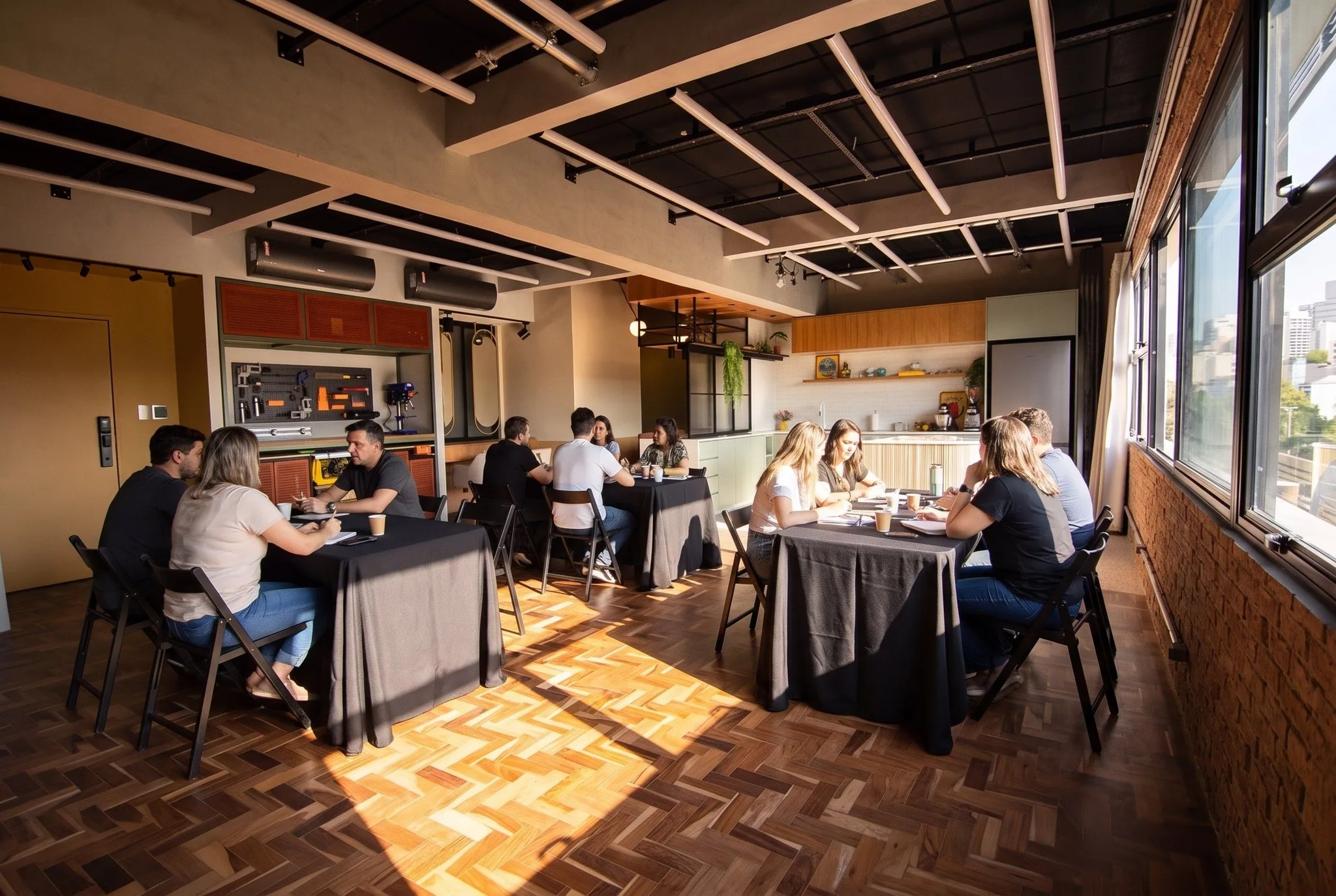 Quatro mesas com toalha preta e cadeiras em volta, montadas no Loft, com a cozinha ao fundo e o sol da tarde no taco.