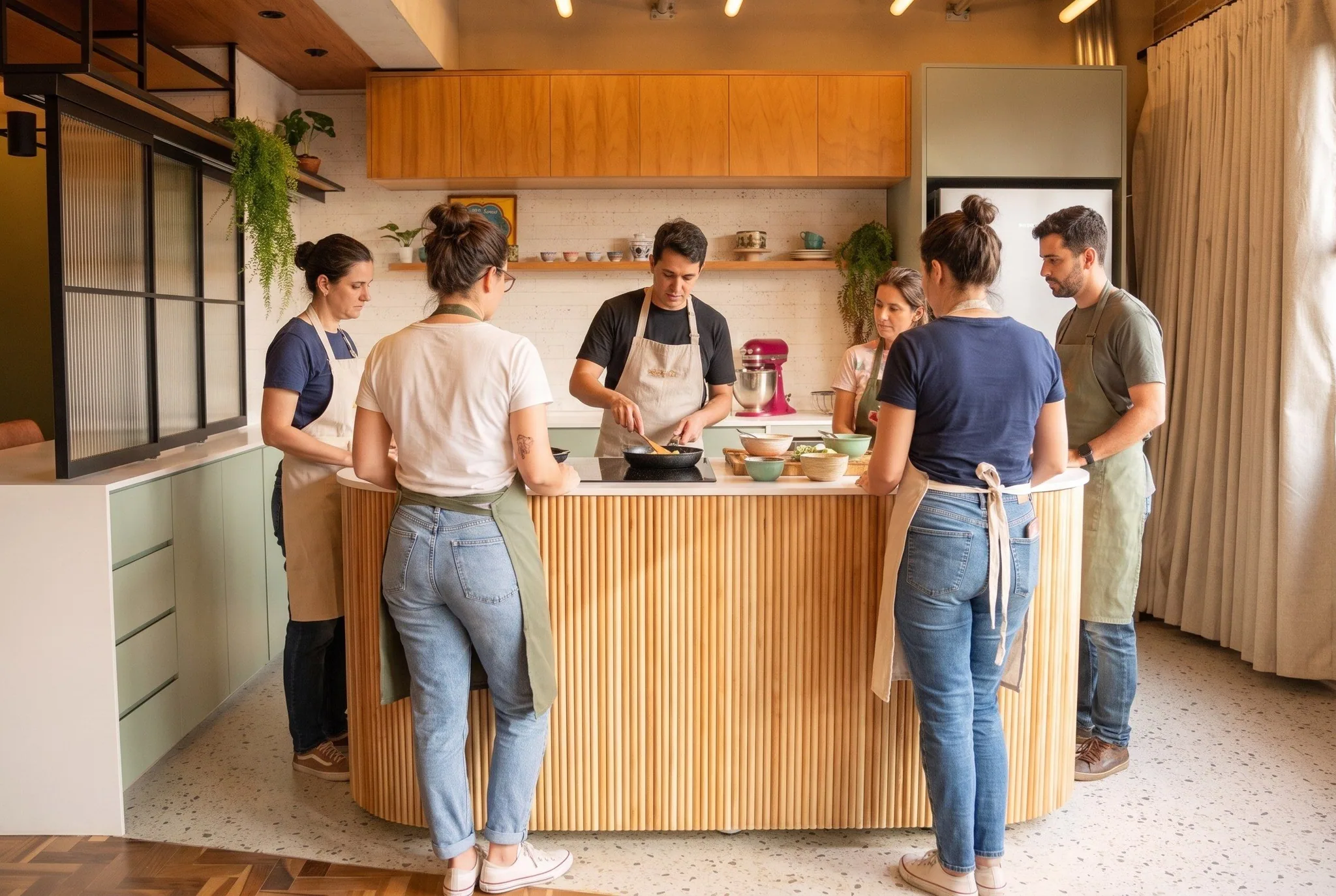 Aula de gastronomia em volta da ilha de madeira ripada da cozinha, com o cooktop no meio, os armários verdes e a estante de louças ao fundo.