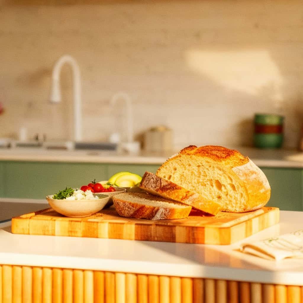 Pão artesanal na bancada de cozinha com ingredientes frescos ao lado, ambiente convidativo e bem iluminado no Espaço Híbrido, espaço criativo na região central de São Paulo.