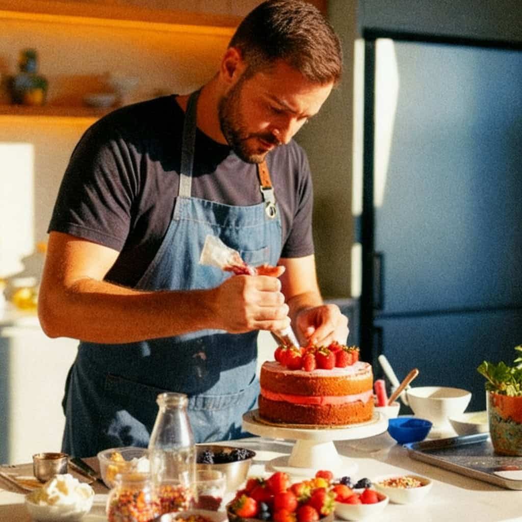 Criador culinário decorando um bolo de festa com frutas frescas em um espaço criativo no centro de São Paulo.